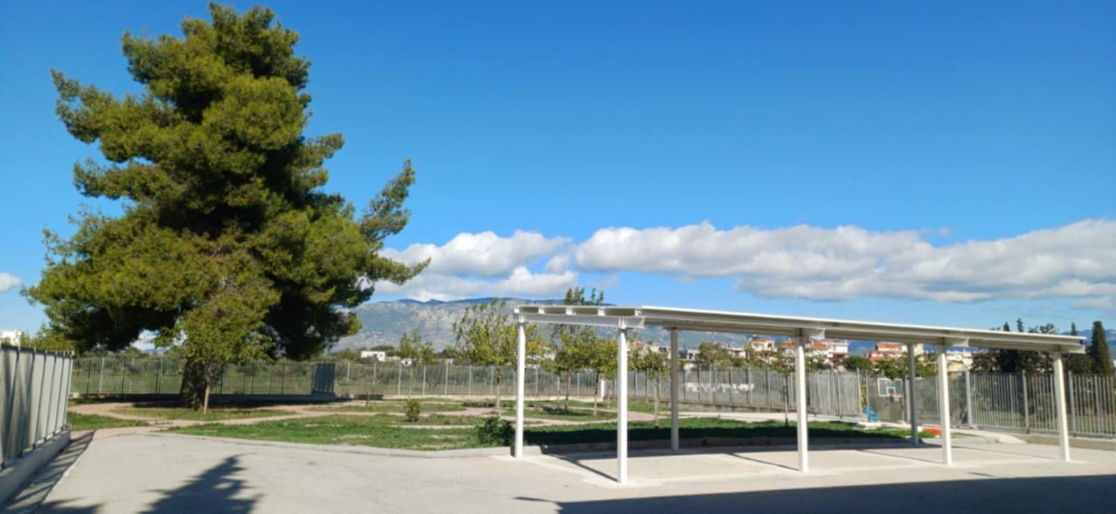Metal shelter in a school courtyard with a large tree and mountains in the background